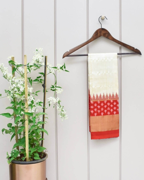 White Color and Red Border Ikkat Silk Dupatta