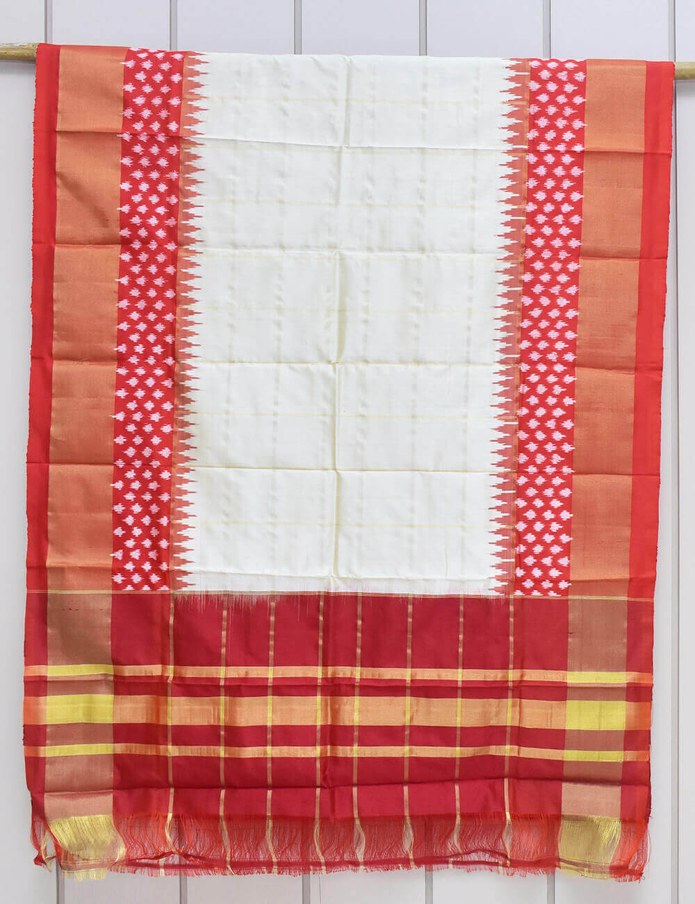 White Color and Red Border Ikkat Silk Dupatta - Image 2