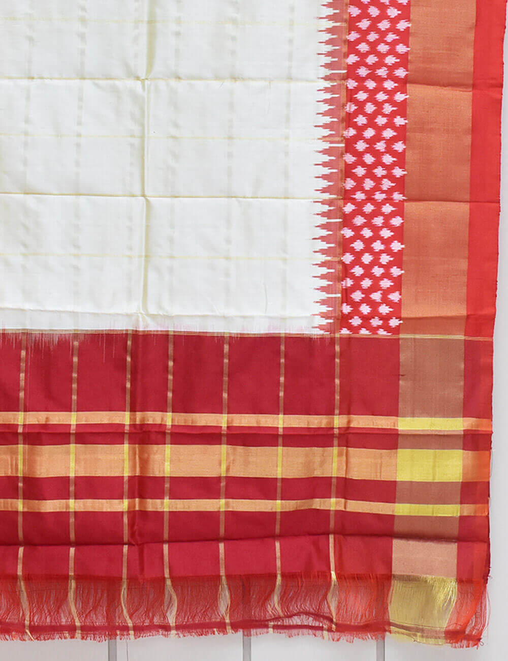 White Color and Red Border Ikkat Silk Dupatta - Image 3