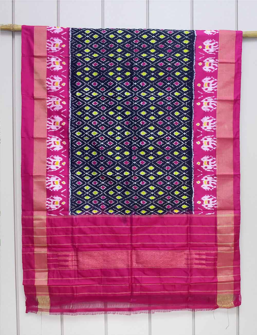 Black Color and Pink Border Ikkat Silk Dupatta - Image 2