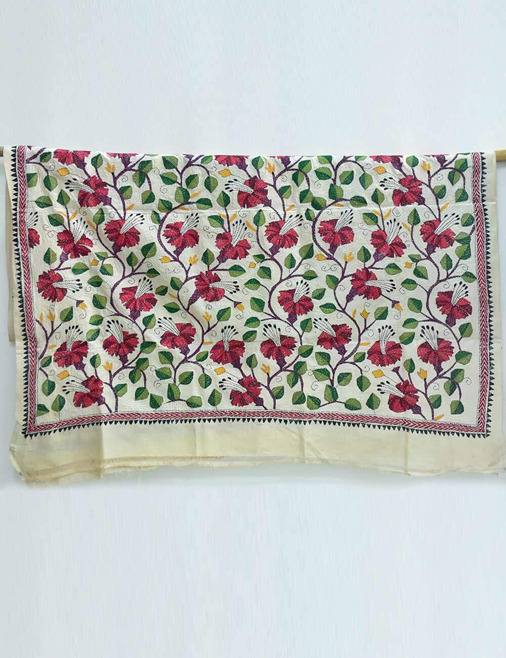 Hibiscus Design Kantha Silk Dupatta - Image 2